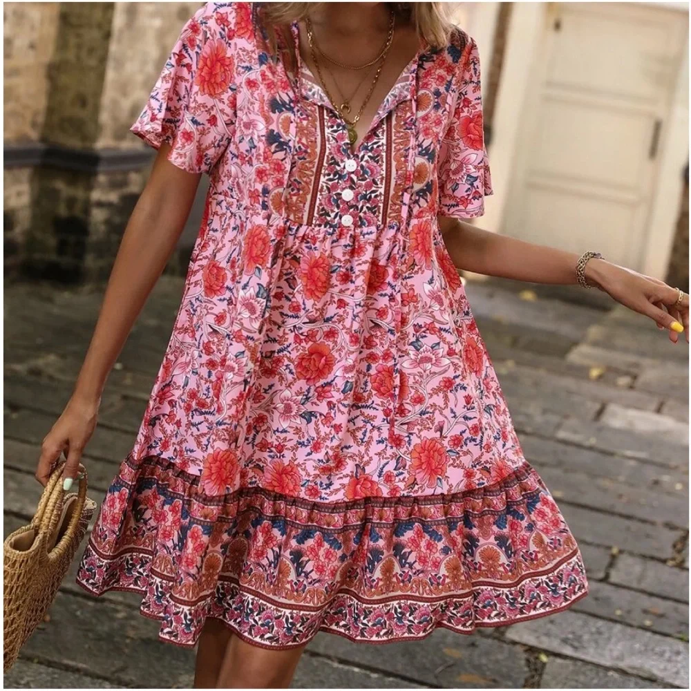Boho Floral Print Butterfly Sleeve Dress - Picture 2 of 6